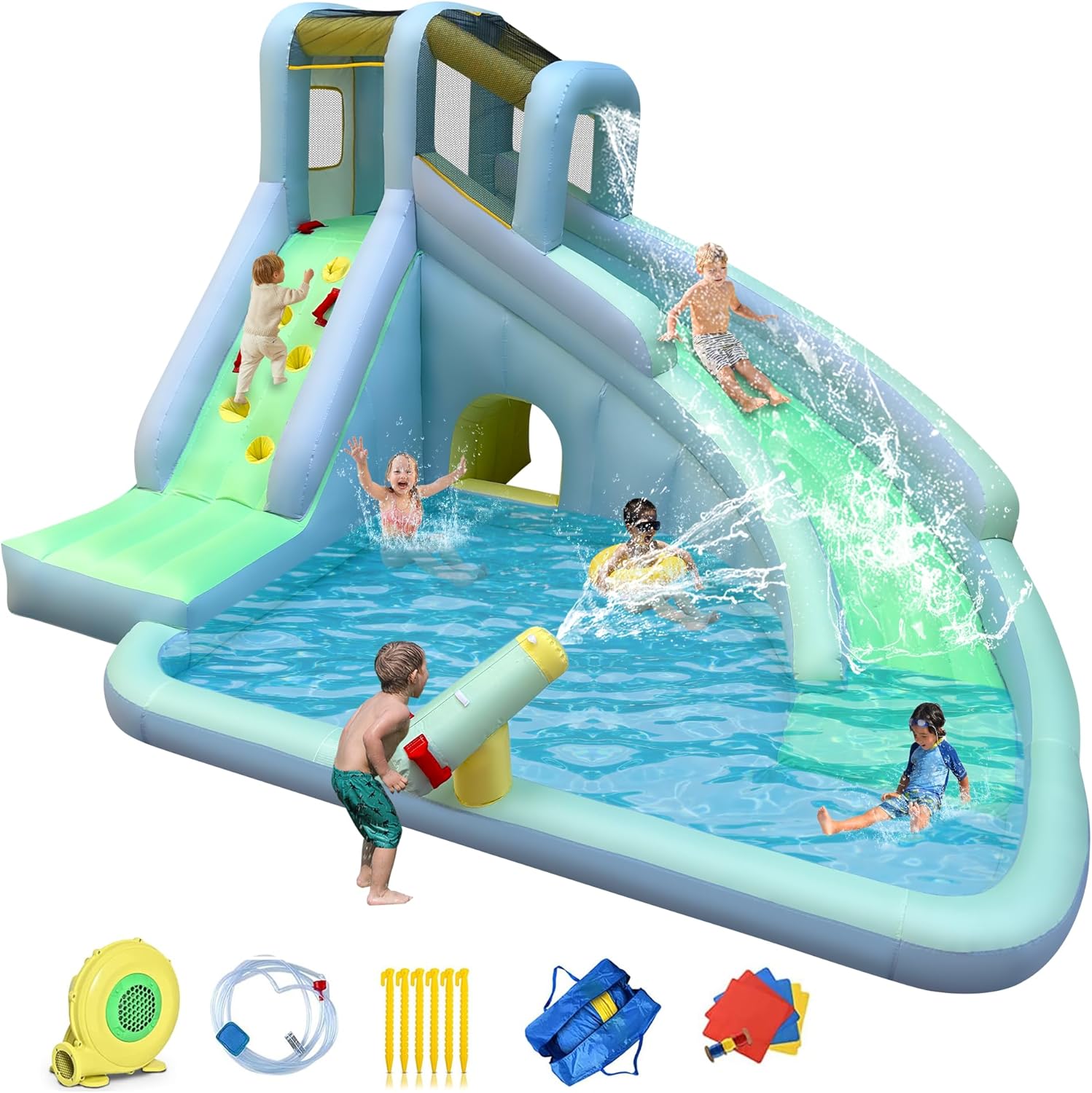 Kids Outdoor Climbing - 6in1 インフレータブルキッズバウンスハウス ウォーターパーク、550W送風機付き、大型スライド、クライミングウォール、スプラッシュプール、ウォーターガン付き、屋外サマーバックヤードパーティーで楽しめる