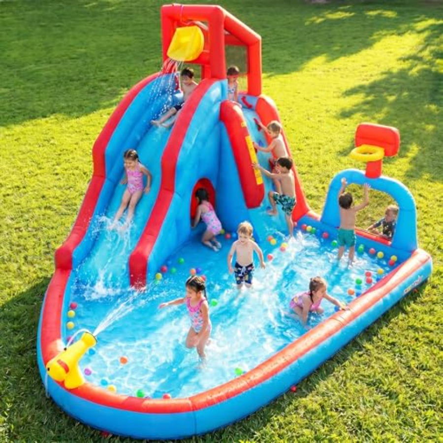 Kids Outdoor Climbing - 裏庭用屋外ウォータースライダー付きインフレータブルバウンスハウスパーク（子供用）：PVC素材、青と黄色、クライミングウォール付き、ロングスライダー