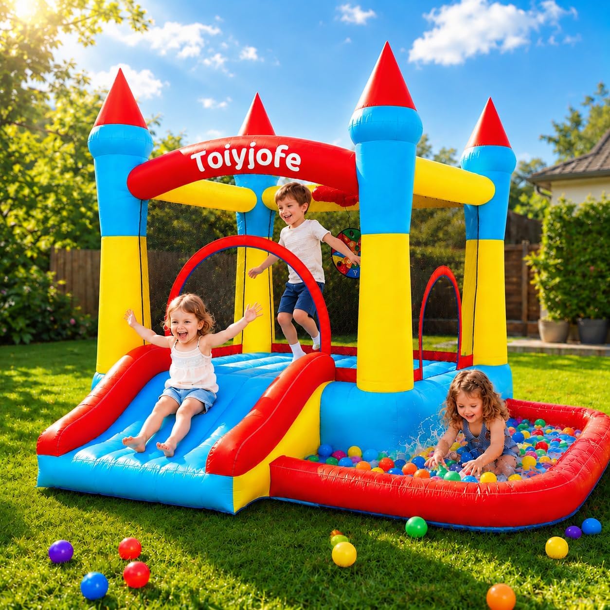 Kids Outdoor Jump House - 子供用バウンスハウス（3～6歳）、幼児用屋内外兼用インフレータブル遊具 | 5-in-1小型ジャンプハウス（スライド、ボールプール、滑り台付き）