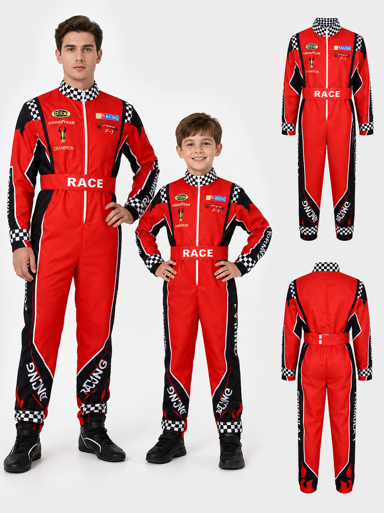 Kids Outdoor Karting - 大人用レーシング衣装子供用カート競技ユニフォーム（赤い野球帽付き）アウトドアスポーツジャンプスーツハロウィンカーニバルコスプレ衣装