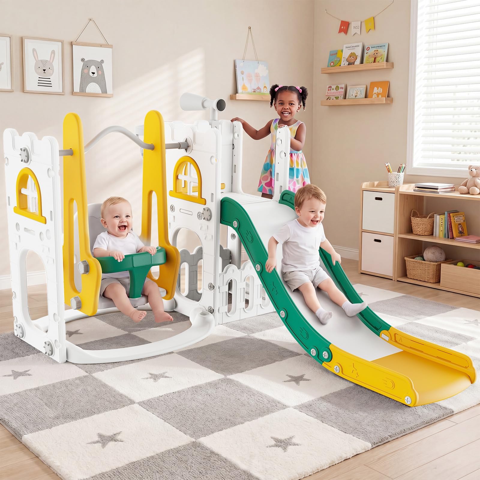 Kids Outdoor Swing And Slide - 7 in 1 幼児用スライド＆スイングセット 室内・屋外用キッズプレイグラウンド クライマー