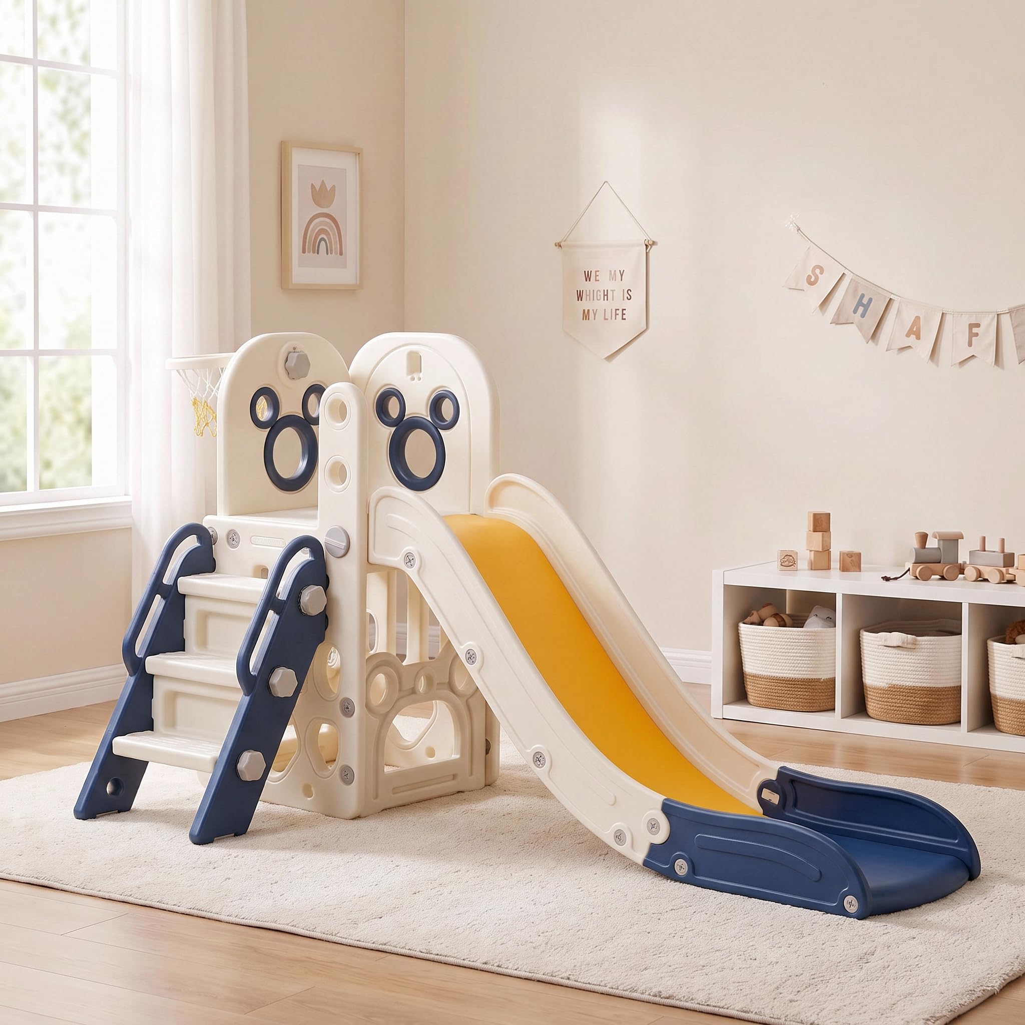 Kids Outdoor Playset - 6 in 1幼児用滑り台プレイセット、頑丈なL字型クライマー、バスケットボールフープ付き、屋内屋外兼用子供用遊び場、ベビーアクティビティセンター