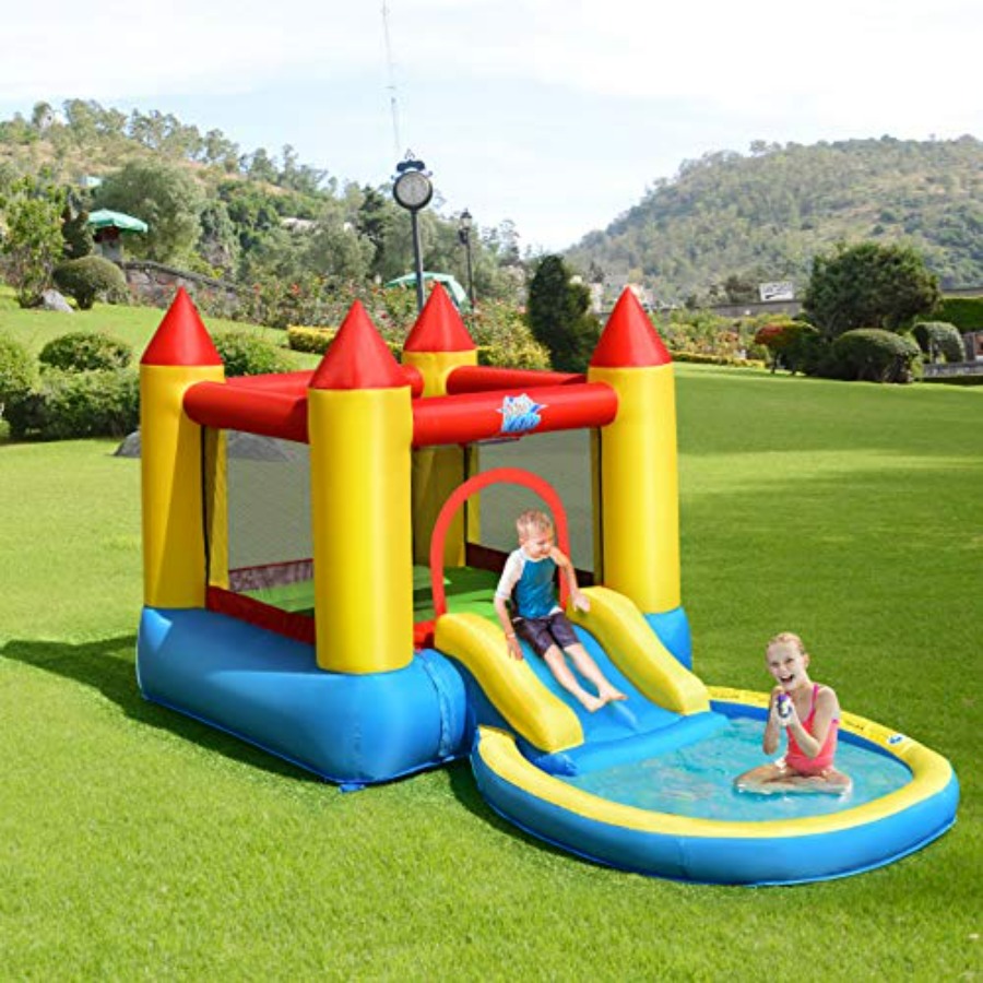 Kids Outdoor Jump House - 3歳から5歳向けの屋外用インフレータブルバウンスハウス：PVC素材、青と黄色、ウォータースライド、ジャンプエリア付き