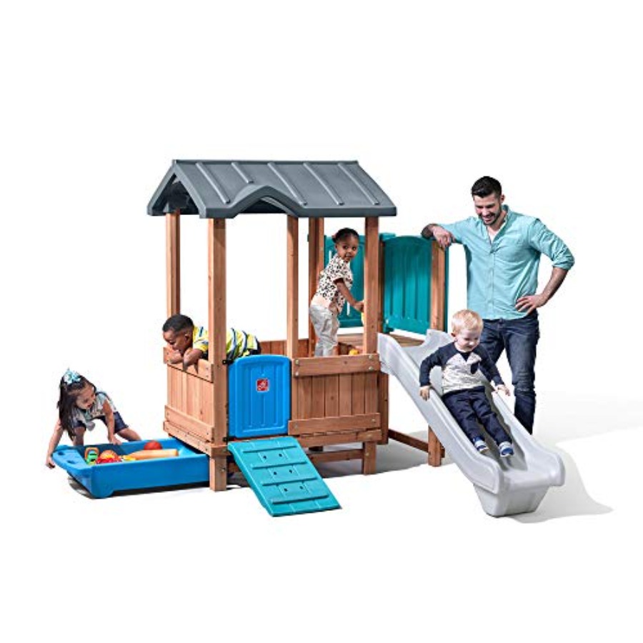 Kids Outdoor Storage - ウッドランドアドベンチャー プレイハウス＆スライド、子供用屋外遊具セット、裏庭遊具セット、ブランコ、収納引き出し、木製＆耐久性素材製