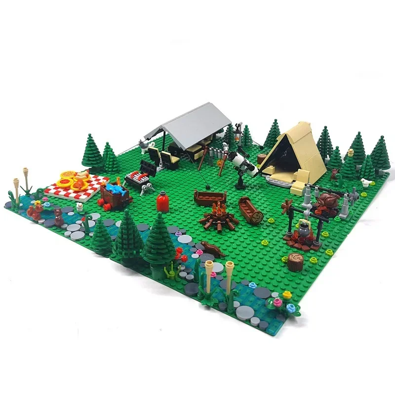Kids Outdoor Table And Chairs - MOC 屋外キャンプとピクニックテントモデルビルディングブロックシーンたき火ローストチキンロール折りたたみ椅子レンガテーブルおもちゃ子供ギフト