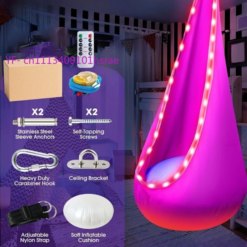 Kids Outdoor Hammock Swing - 光るLEDインフレータブルハンモック ポータブルプラッシュハンギングスイングチェア 室内屋外兼用 シングルサスペンデッドハンモック ライト付き 子供用