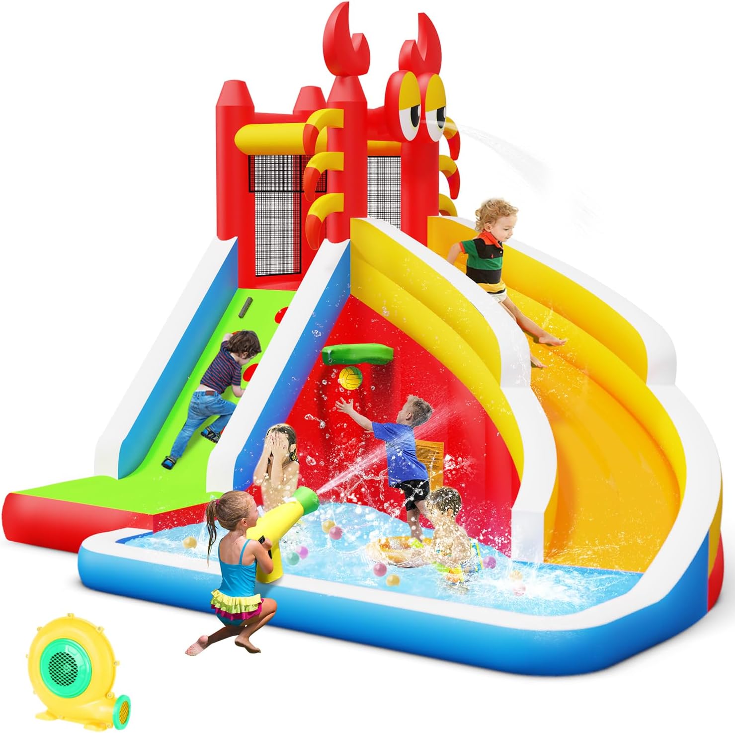 Kids Outdoor Climbing - 子供用大型インフレータブルバウンスハウス（ウォータースライダー付き）- スプラッシュプール、クライミングウォール、バスケットボールフープ、ウォーターガン付き（屋内/屋外裏庭パーティー用）- エアーブロワー、修理キット、キャリーバッグ付き
