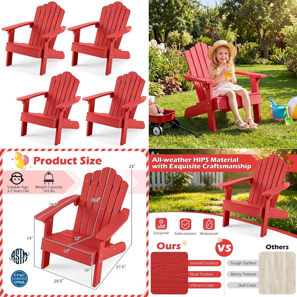 Kids Outdoor Adirondack Chair - キッズアディロンダックチェア、オールウェザーハイプス幼児用アウトドアチェア、木製テクスチャープラスチックファイヤーピットチェア、背もたれ用キッズパティオチェア