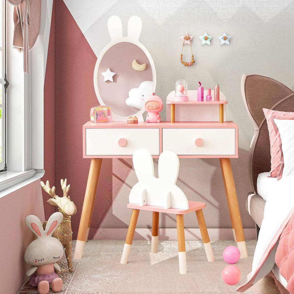 Kids Outdoor Table And Chairs - キッズバニティセット、女の子用バニティセット（鏡とスツール付き）、2つの大きな引き出し、収納棚、木製プリンセスメイクアップドレッシングテーブル、キッズバニティT