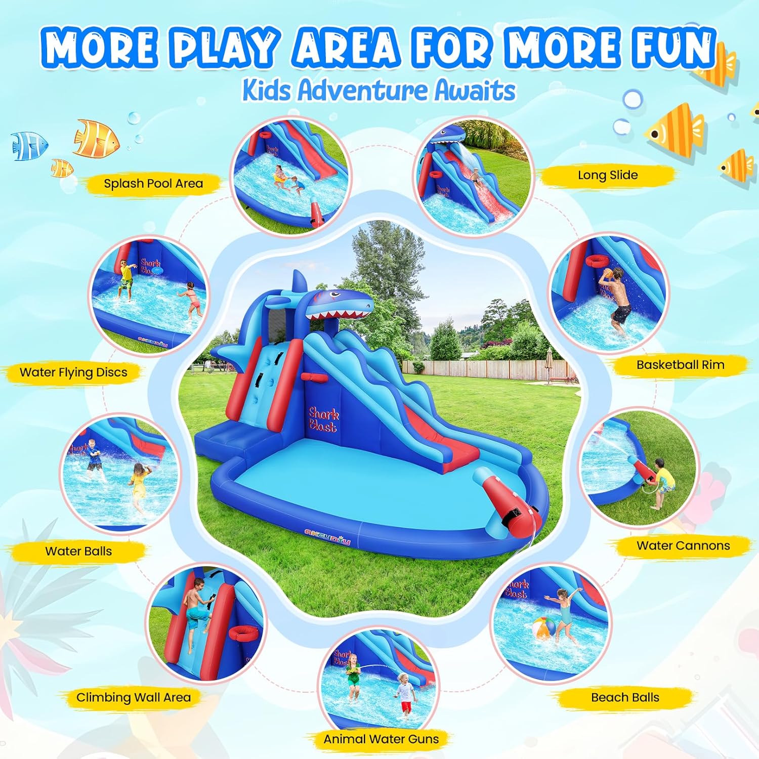 子供向けサメ型インフレータブルウォーターパーク：屋外用ブロウ - Kids Outdoor Climbing のレビューと価格