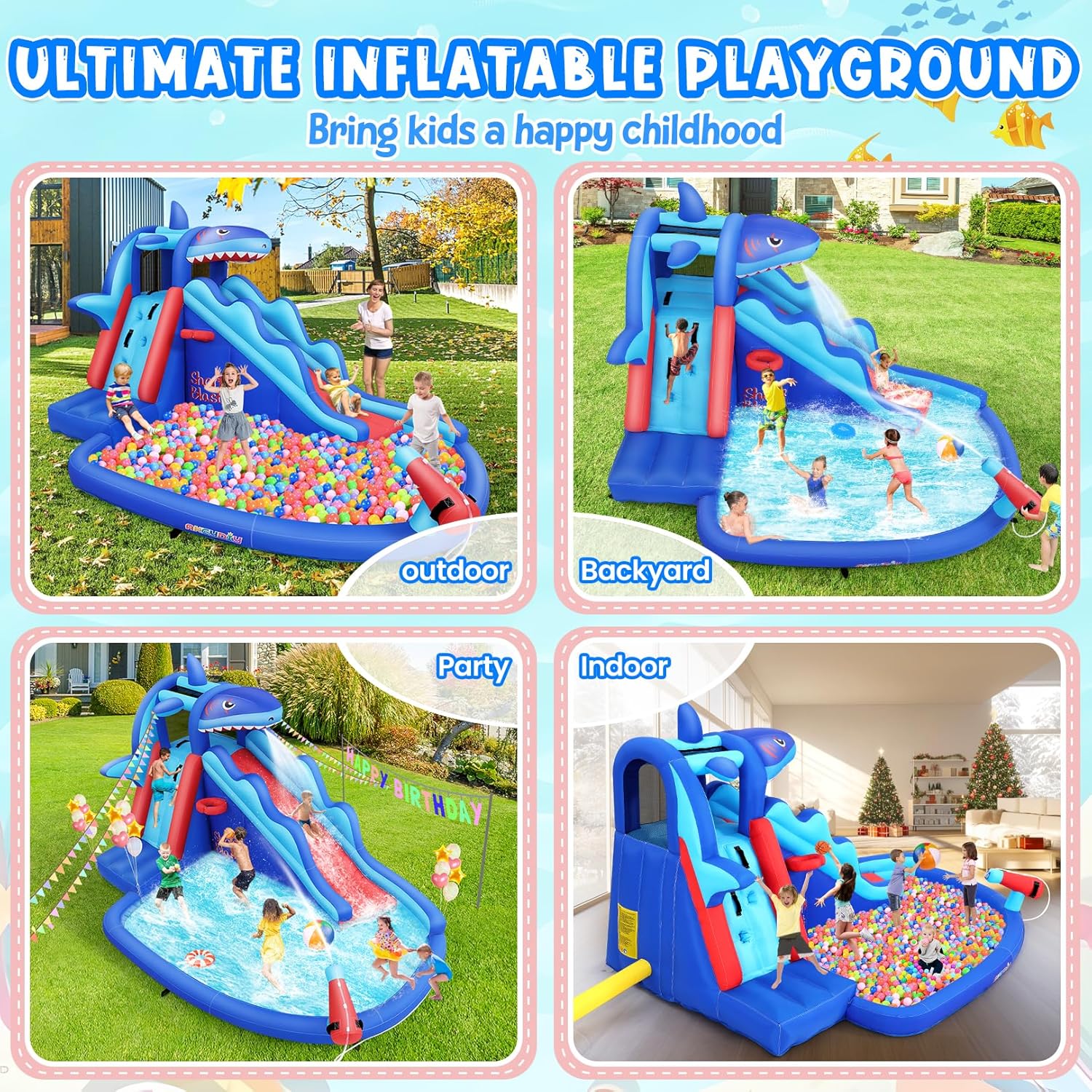 子供向けサメ型インフレータブルウォーターパーク：屋外用ブロウ - Kids Outdoor Climbing のレビューと価格